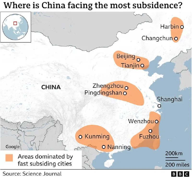 中国主要城市中超过4成土地正经历中重度沉降