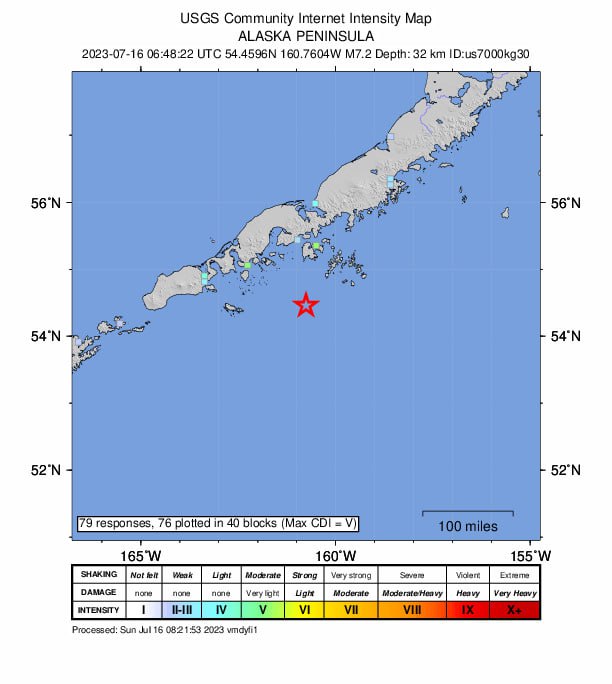 阿拉斯加半岛以南海域（54.384°N 160.699°W）7月16日14:48（北京时间）发生7.2级地震，震源深度32.6千米