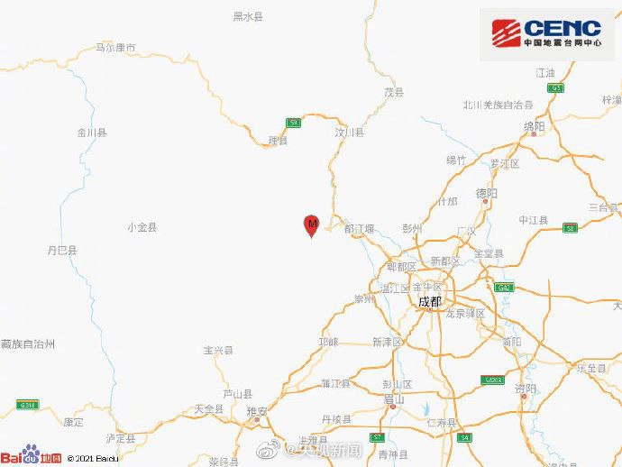 中国地震台网正式测定，今日23时36分在四川阿坝州汶川县（北纬30.97度，东经103.37度）发生4.8级地震，震源深度15千米