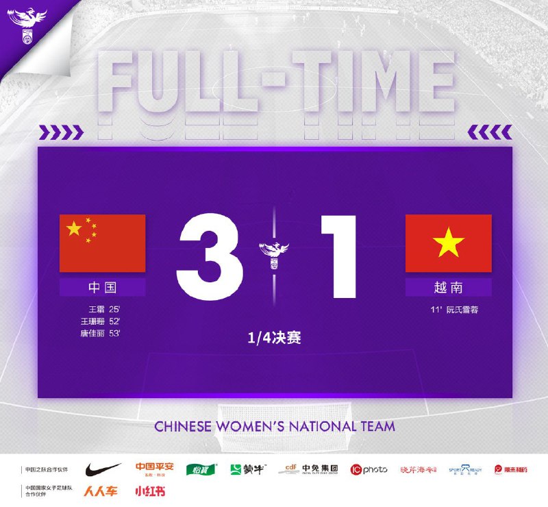 今天的女足亚洲杯1/4决赛中，中国队3-1战胜越南队