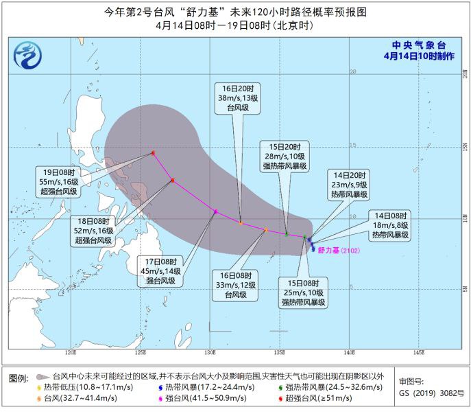 今年第2号台风“舒力基”（热带风暴级）的中心今天（4月14日）上午8点钟位于菲律宾马尼拉东偏南方约1910公里的西北太平洋洋面上，就是北纬8.2度、东经137.3度，中心附近最大风力有8级（18米/秒），中心最低气压998百帕，七级风圈半径120-240公里