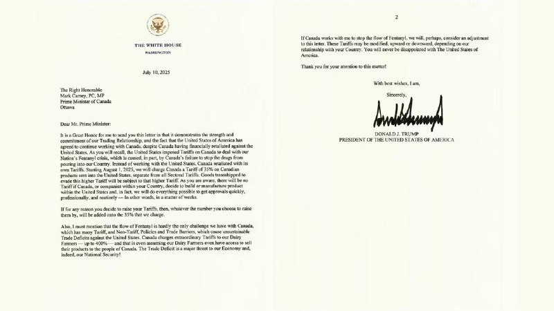 特朗普7月10日宣布将自8月1日起对加拿大商品征收35%关税