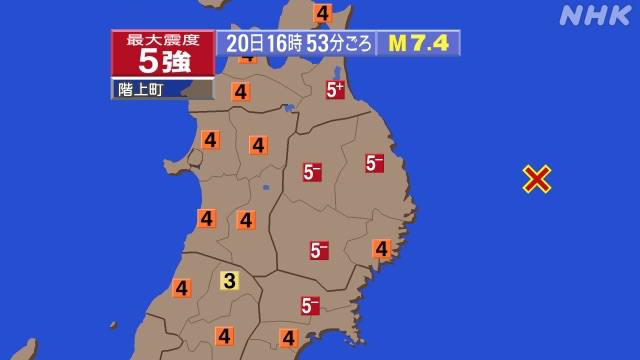 日本三陆冲当地时间20日16:52发生7.4级地震，青森县录得最大震度5强