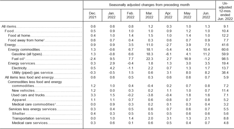 美国劳工部公布6月CPI同比升9.1%，环比上月升1.3%
