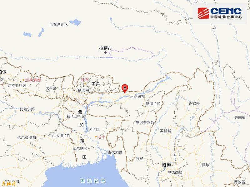 中国地震台网正式测定，04月28日10时21分在印度（北纬26.76度，东经92.50度）发生6.2级地震，震源深度10千米