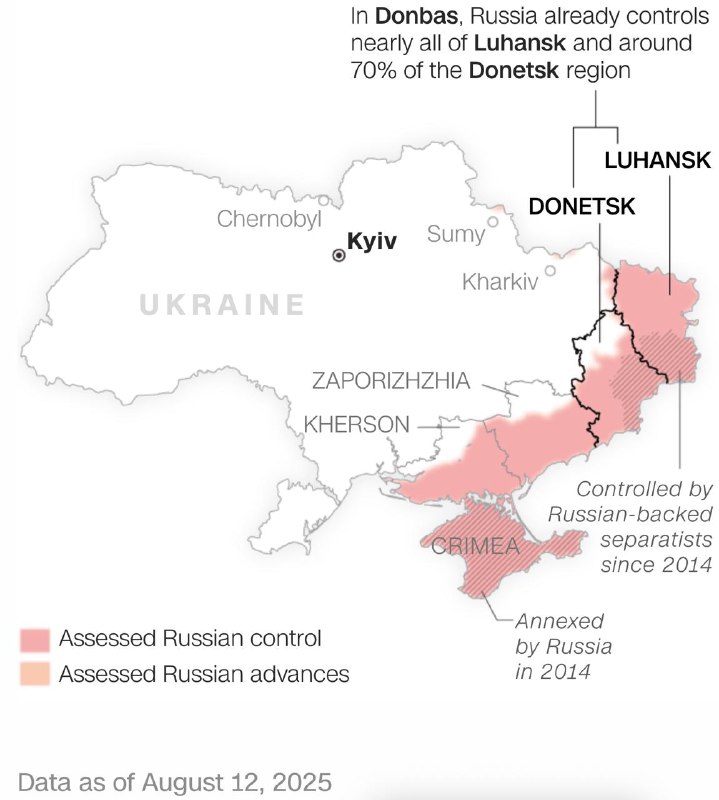 消息人士称，在普京和特朗普讨论的和平提议中，乌克兰需完全撤出东部的顿涅茨克和卢甘斯克，以换取俄罗斯承诺冻结赫尔松和扎波罗热的前线，以及俄罗斯归还其占领的北部苏梅和哈尔科夫州的小部分乌克兰土地