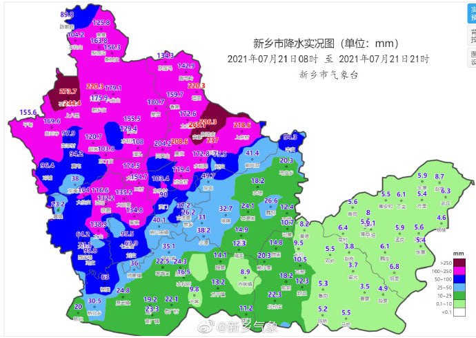 7月21日08时至21时，河南省新乡市西北部出现暴雨、大暴雨、局地特大暴雨天气，有4个站点达到特大暴雨（≥250mm）